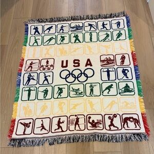 Vintage USA Olympics Knit Woven Multicolor Throw Blanket VERY RARE